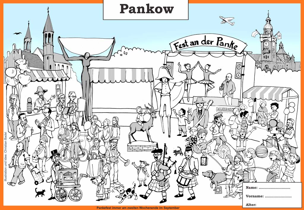 Wimmelbild vom Pankow mit dem Pankwer Rathaus, dem Anger und der Kirche zu den vier Evangelisten